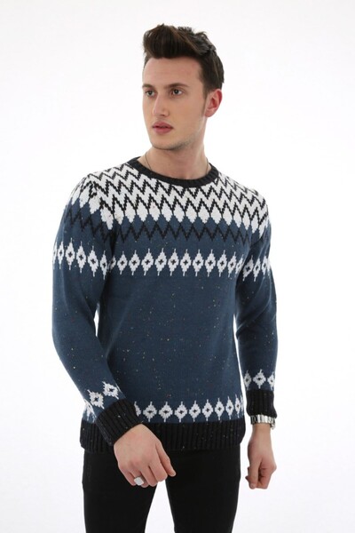 buğrahayalin Patterned Blue Thick Winter Men's Casual Knitwear Sweater
