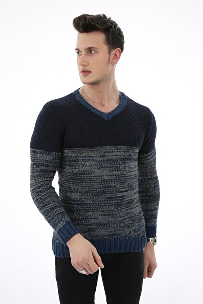 buğrahayalin Patterned Two Color V-Neck Men's Casual Knitwear Sweater