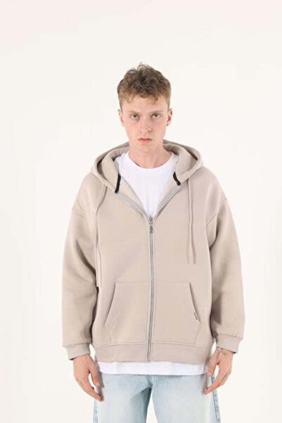 Store سترة رجالية ذات لون حجري قصة فضفاضة بسحاب بغطاء رأس - سترة هودي أساسية ...