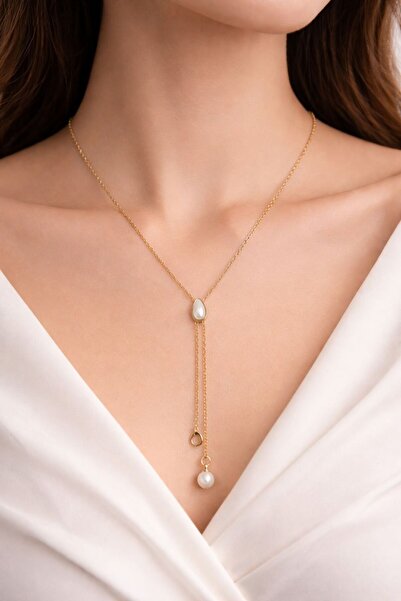 Stainless steelss 316L Gold Renk Y Kolye İncili Çelik Kolye