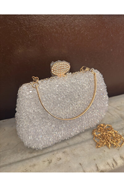 Millacom Kadın Beyaz Taşlı Abiye El Çantası – Zincir Askılı, Kristal Detaylı