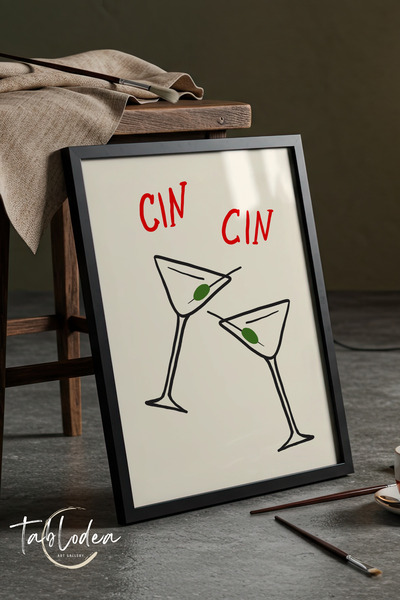 tablodea Poster înrămat cu model de pahar minimalist Cin Cin, decor pentru ba...