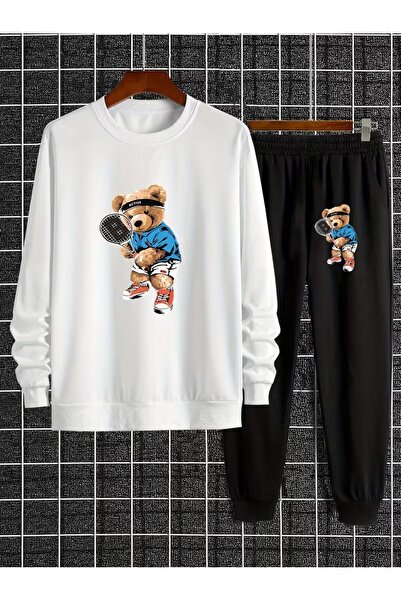 Massgai Unisex Bear Printed Crew Neck Oversized Bottom-Top Jogger Cotton Trac...