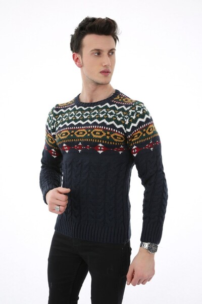 buğrahayalin Patterned Crew Neck Twisted Thick Men's Casual Knit Sweater