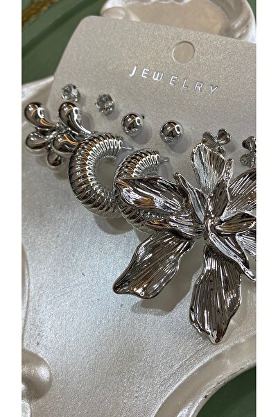 SELUVİA Kadın 6’lı Silver Renk Çelik Takı Seti – Çoklu Küpe Seti