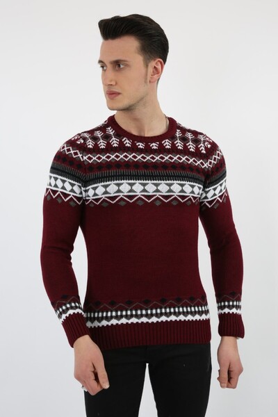 buğrahayalin Mixed Pattern Burgundy Thick Winter Casual Knitwear Sweater