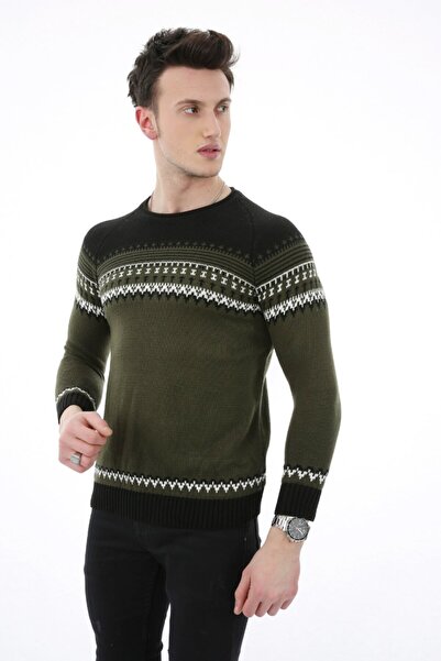 buğrahayalin Patterned Khaki Thick Winter Casual Knit Sweater