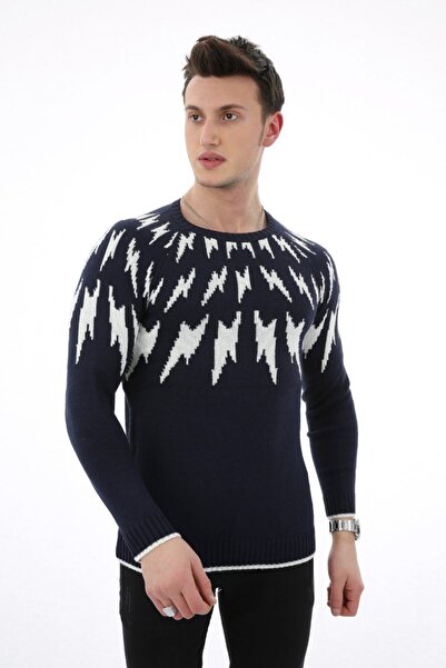 buğrahayalin Lightning Patterned Navy Blue Thick Winter Casual Knit Sweater