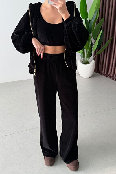 WOMKA Women's Velvet Fabric Three Piece Tracksuit Set