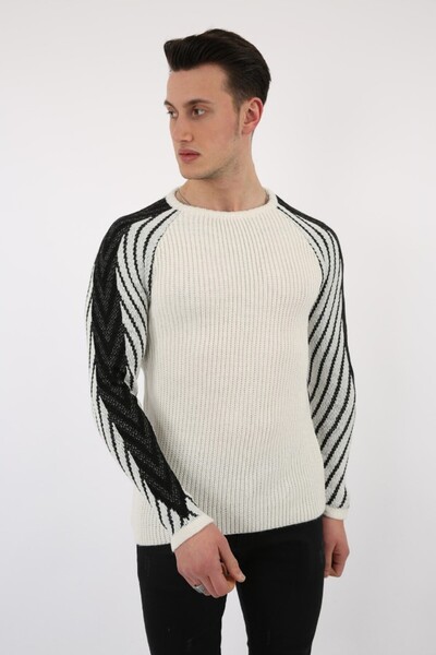 buğrahayalin Men's White Sleeve Striped Thick Winter Casual Knit Sweater