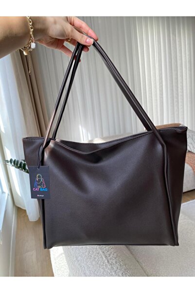 ÇANTA حقيبة كتف نسائية كبيرة ناعمة الملمس بلون بني غامق