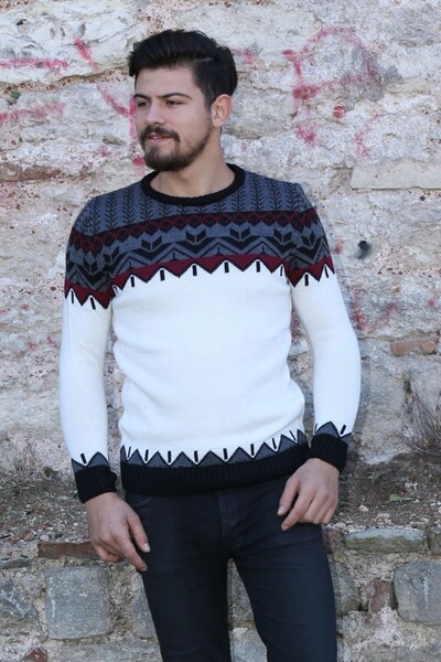 buğrahayalin Patterned White Thick Winter Casual Knit Sweater