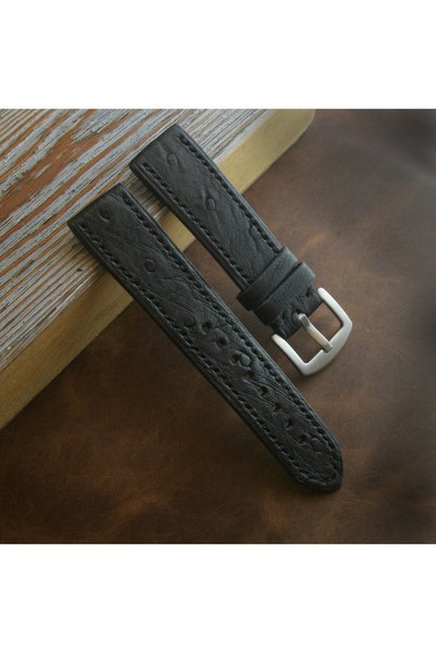 Ventum 22mm Compatible Black Ostrich Leather Watch Band Real Leather Watch Strap