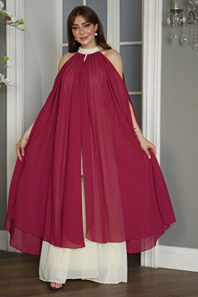 BRATO A burgundy butterfly-cut dress with beige accents
