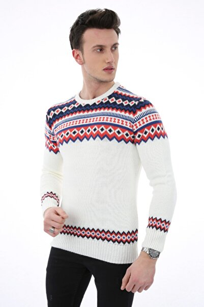 buğrahayalin Patterned White Thick Winter Casual Knit Sweater