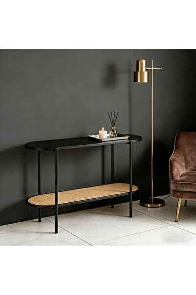Bleco Oval foyer table with a wooden top and bamboo dividers - black metal frame