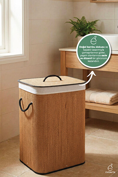EVONİTA Kapaklı Bambu Kirli Çamaşır Sepeti Çıkarılabilir Yıkanabilir Astarlı ...