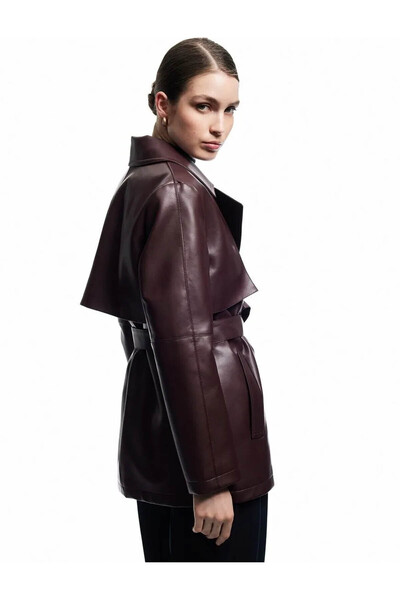 Koton Μακρυμάνικο καμπαρντίνα από συνθετικό δέρμα διπλό πέτο με επένδυση, ζών...