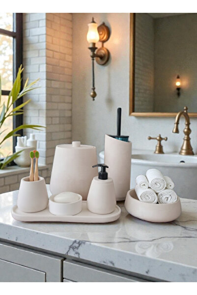 Trust Stone Beyaz Beton Banyo Seti, Sıvı Sabunluk, Diş Fırçalik , Ç. Kovası v...