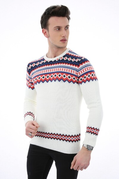 buğrahayalin Patterned White Thick Winter Casual Knit Sweater