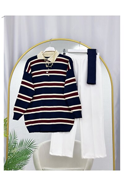 ÇALIŞKAN MODA Polo Neck Striped Casual Knit Tunic [78 cm Medium, Price Includ...