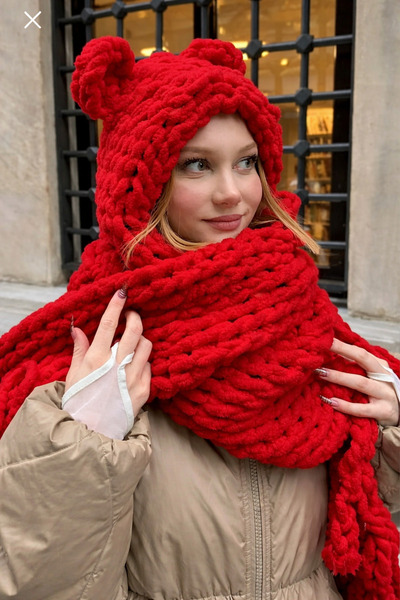 Minii Tuhafiye Puffy Balaklava - Birleşik Atkı Bere Ayıcık Balaklava