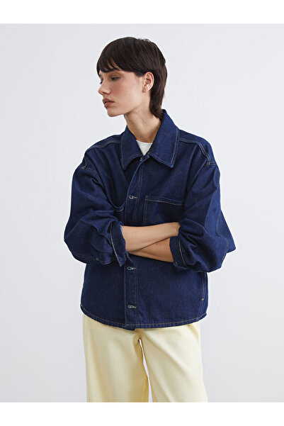 LC Waikiki سترة جينز نسائية كبيرة الحجم من LCW VisionIndigo بياقة قميصية