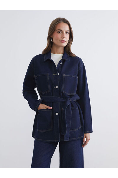 LC Waikiki Jachetă de blugi pentru femei, cu guler tip cămașă indigo și curea...