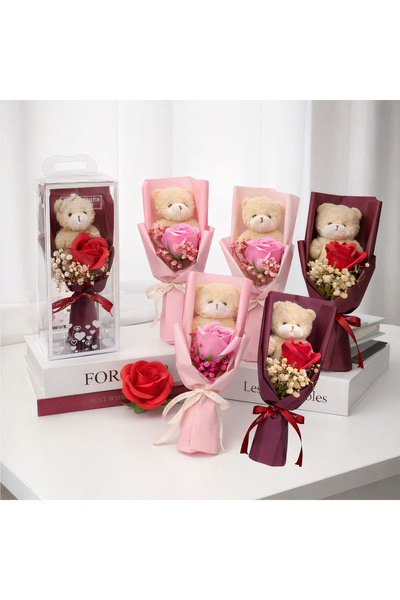 JML1 Decorative Bouquet Set of 6 with Teddy Bear and Scented Soap Rose, 24cm,...