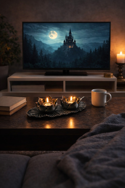 seymen bıçakçılık Yaprak Figürlü Çiftli Gold Mumluk | Dekoratif Tealight Muml...