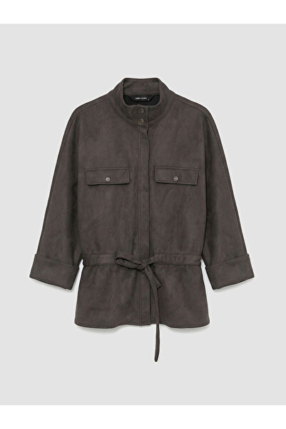 LC Waikiki جاكيت نسائي رمادي ياقة مرتفعة متوسطة الطول بمظهر جلد الغزال