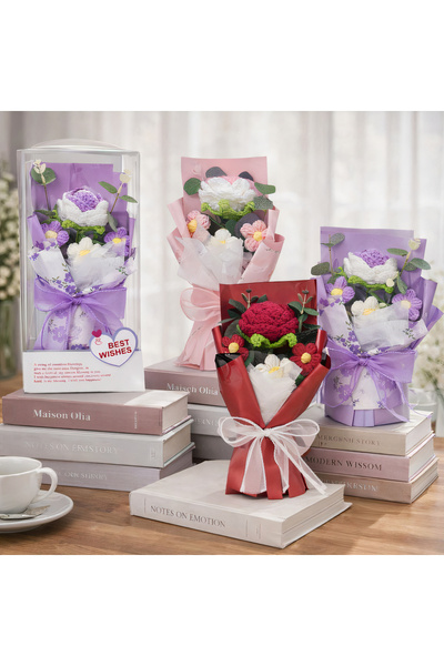 Amigo Set de 4 decorațiuni artificiale, buchet de flori croșetate 25 cm în cu...