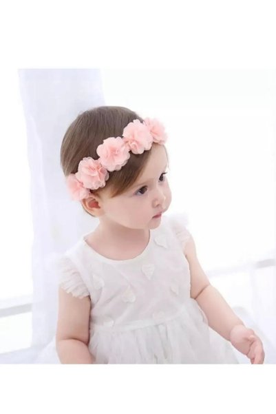 kokosh _ kidss burcu sapmaz تاج باندانا للفتيات الصغيرات بلون السلمون مع زهور لمناسبة خاصة