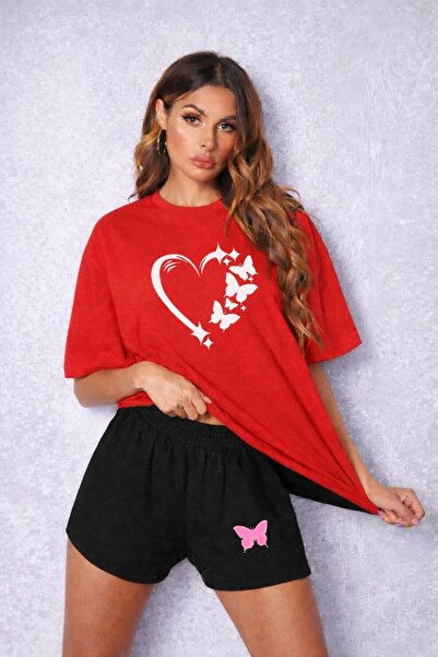 zeag Women's Butterfly Heart Printed Shorts T-Shirt Set