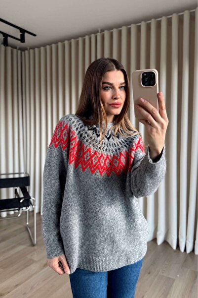 Sue Store Gray Red Black Collar Oversized Patterned Knitwear Sweater