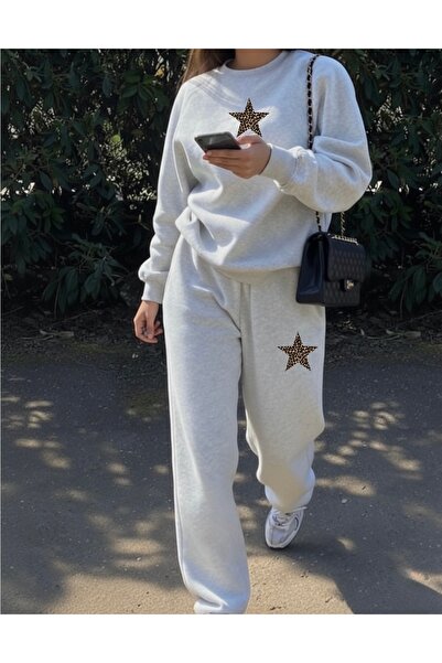 FUFLUNS Leopard Star Printed Unisex Oversize Cropped Sweatshirt Bottom/Top Tr...