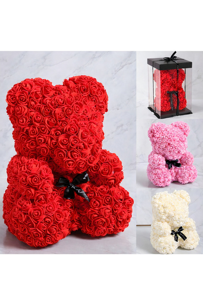 QYY Ursuleț de pluș cu trandafiri 25 cm, flori din spumă, în cutie cadou tran...