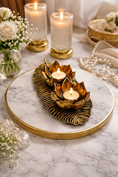 seymen bıçakçılık Yaprak Figürlü Çiftli Gold Mumluk | Dekoratif Tealight Muml...