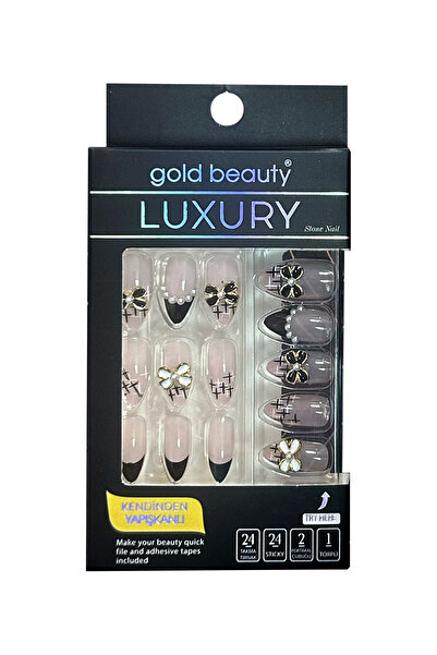 Gold Beauty Taşlı Özel Tasarım Takma Tırnak 24 Adet Jel Tırnak