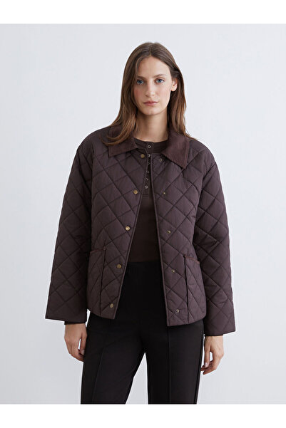 LC Waikiki Kahverengi Kadife Gömlek Yaka Kapitone Kadın Şişme Mont