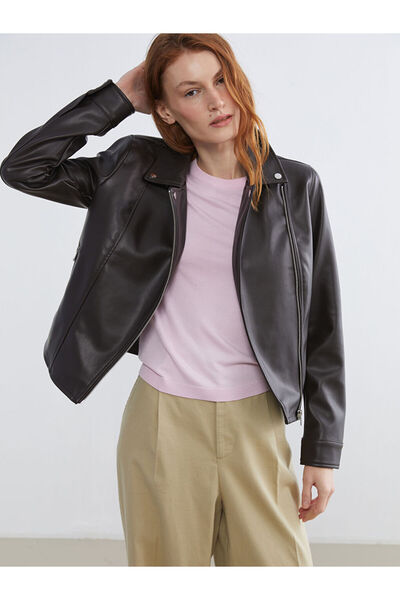 LC Waikiki سترة نسائية ذات ياقة راكب الدراجة النارية باللون البني مظهر جلدي