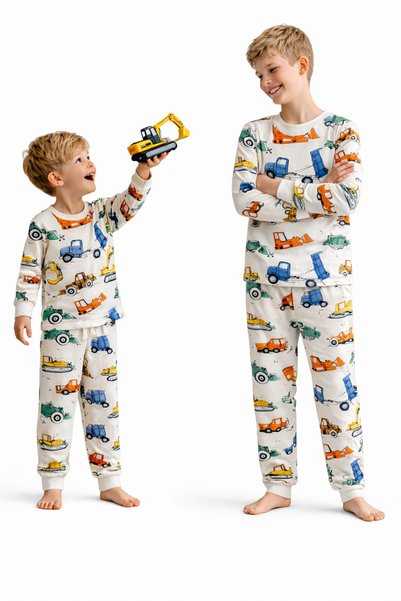 NAİLE COLLECTİON 100% Cotton Boys' Car Patterned Long Sleeve Pajama Set 3–13 Years