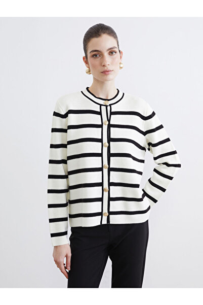 LC Waikiki Lcw Modest Ecru Crew Neck Striped Women's Knitwear Cardigan