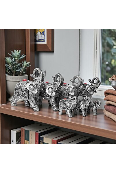 ELSELİFE Lüks İşlemeli Feng Shui 7’li Bereket Fil Biblo Seti Dekoratif Ev Ofi...