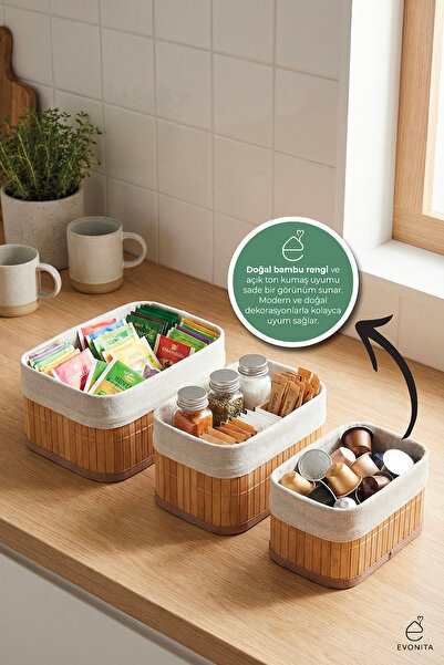 EVONİTA Bambu Organizer Seti 3'lü 2 Boy Parça Çok Amaçlı Banyo Mutfak Dolap D...