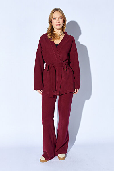 Manche Costum Kimono din țesătură din Selanik cu textura moale, roșu burgundă...