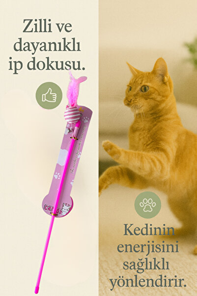 Mırnavistan İp Sargılı Çıngıraklı Tüylü Kedi Oyun Oltası – Yaylı Toplu Kedi O...