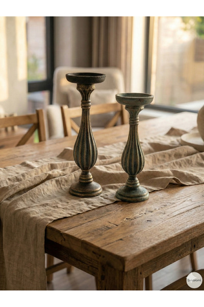 Dekoromi Dekoratif 2'li Şamdan (34 ve 28cm Boy) Lüks Şans Getiren Klasik Şamd...