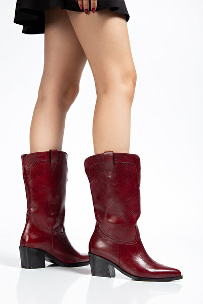 DENORA Burgundy Matte Leather Mid-Heel Perforated Summer Pointed Toe Western ...