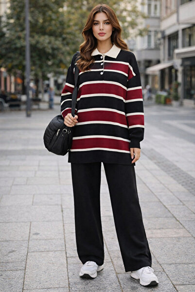 semela Thick Striped Buttoned Polo Neck Knitwear Set